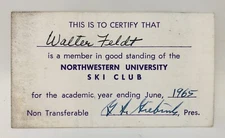RARE Vintage 1965 Northwestern University Ski Club Membership Card Illinois