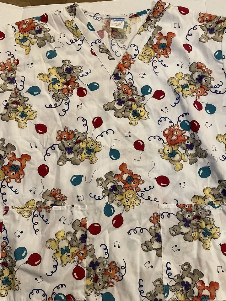 Crest Cotton Scrub Top Size XL Womens Colorful Teddy Bear Ballon Medical Uniform - Image 3 of 4