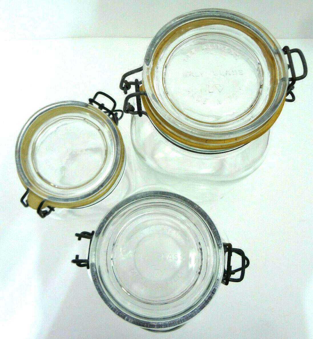 CANNING JARS BAIL WIRE LIDS VINTAGE 3x PER ALIMENTI ONLY GLASS MADE IN