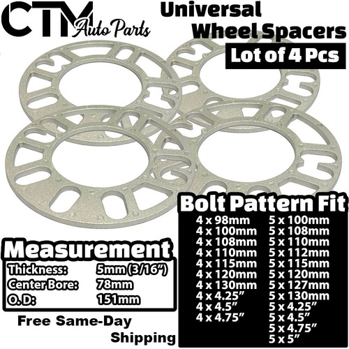 4x 5mm (3/16") Thick 5x4.75 (5x120) Universal Wheel Spacer Fit Chevy