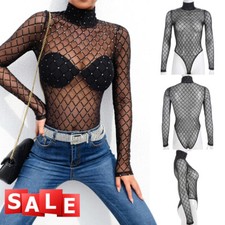 Ladies Womens Mesh Polo Sheer Turtle Neck High Neck Long Sleeve Leotard Bodysuit