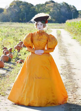 1890s Victorian Edwardian Costume Dress Yellow Puff Sleeves Historical Lady Walk