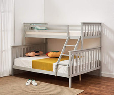 Bunk Bed Single Over Double Wooden Frame Separates Two Beds White Pine