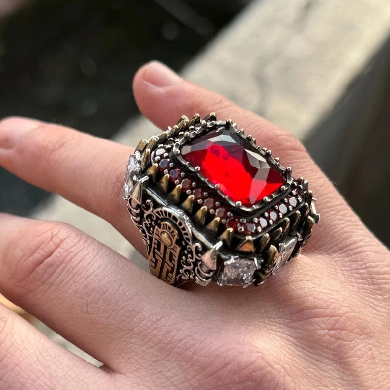 Turkish Handmade Zircon Red Stone Ring, Mens Red Zircon Gemstone Ring - Image 4 of 4