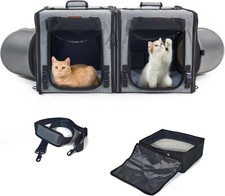 Dual Cat Travel Carrier with Litter Box 2-in-1 Portable Double Cat Carriers Grey