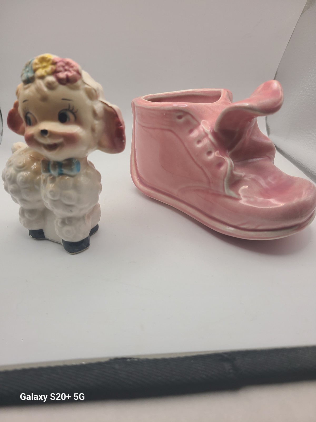 Vintage baby shoe planter and lamb figurine