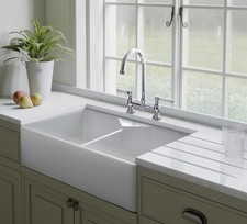 Rangemaster Farmhouse Belfast Kitchen Sink Double Bowl 2.0 Ceramic White Stylish
