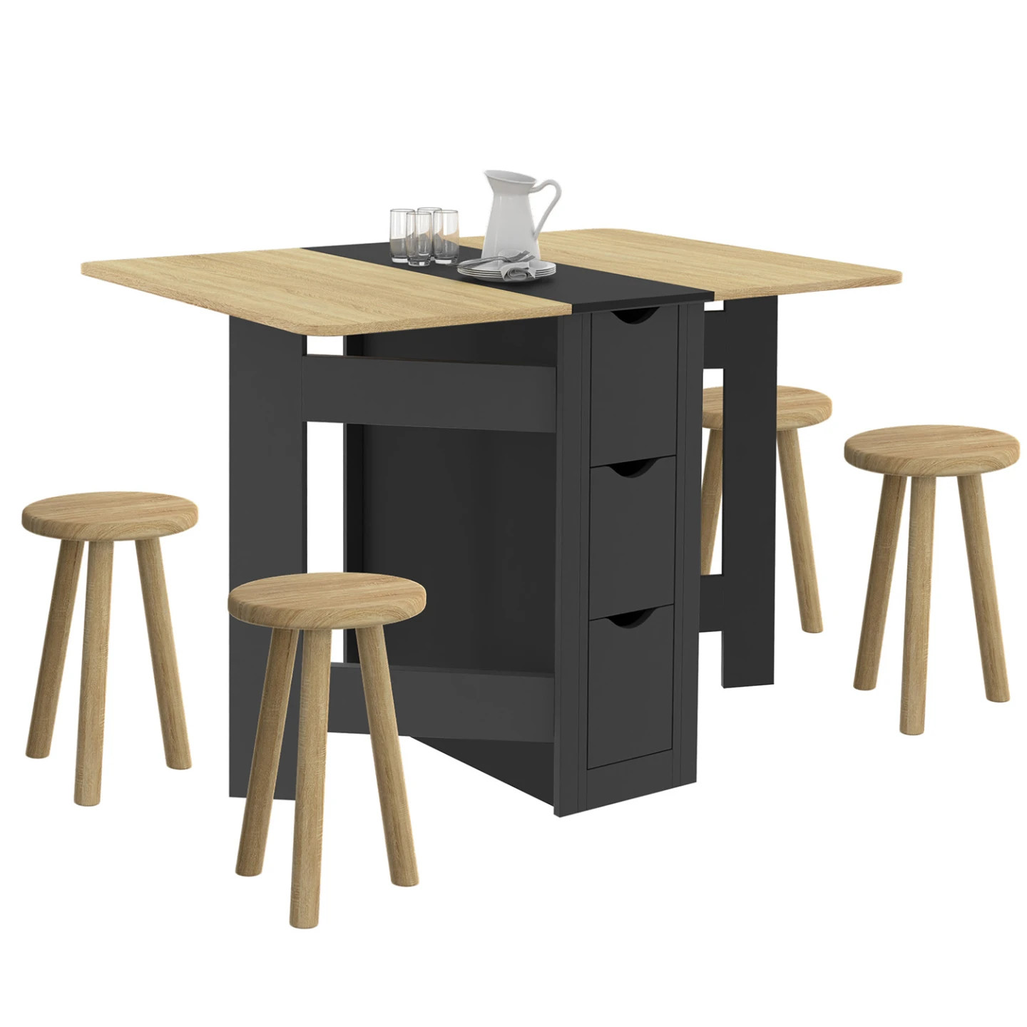 Table console pliable EDI bois hêtre et noir, meuble gain de place 2 à 4 personnes