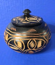 Mid Century Lathe Turned  Etched Black  Beige Wooden Bowl  Lid Floral