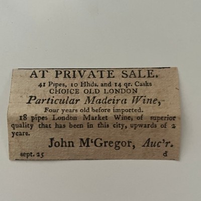 At Private Sale Madeira Wine John M'Gregor 1806 Philadelphia Clipping SAJ6-S22