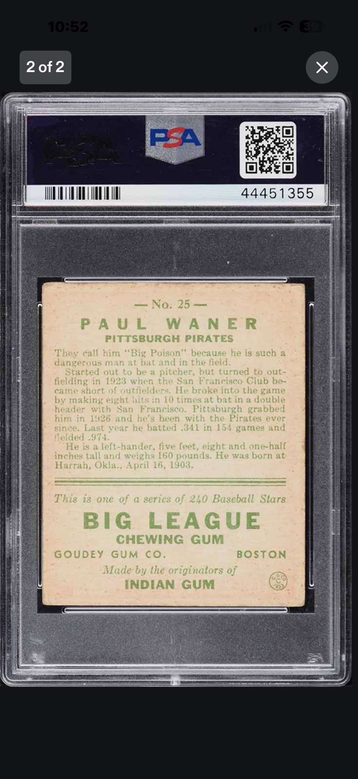 1933 GOUDEY #25 PAUL WANER HOF PSA 3.5 view 2