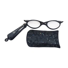Vtg Compact Lorgnette Cat Eye Glasses Black Rhinestone Folding Frame 1950s Case