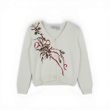 Vintage Liz Claiborne LizSport Cotton Embroidered Cardigan White Holiday Knit M
