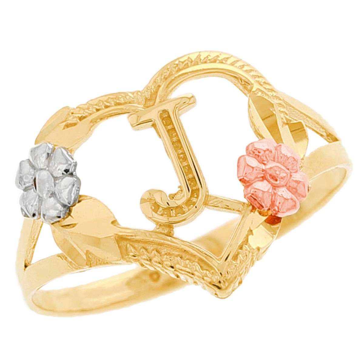 JackAni 10k or 14k Multi-Tone Gold Dazzling Floral Letter Initial