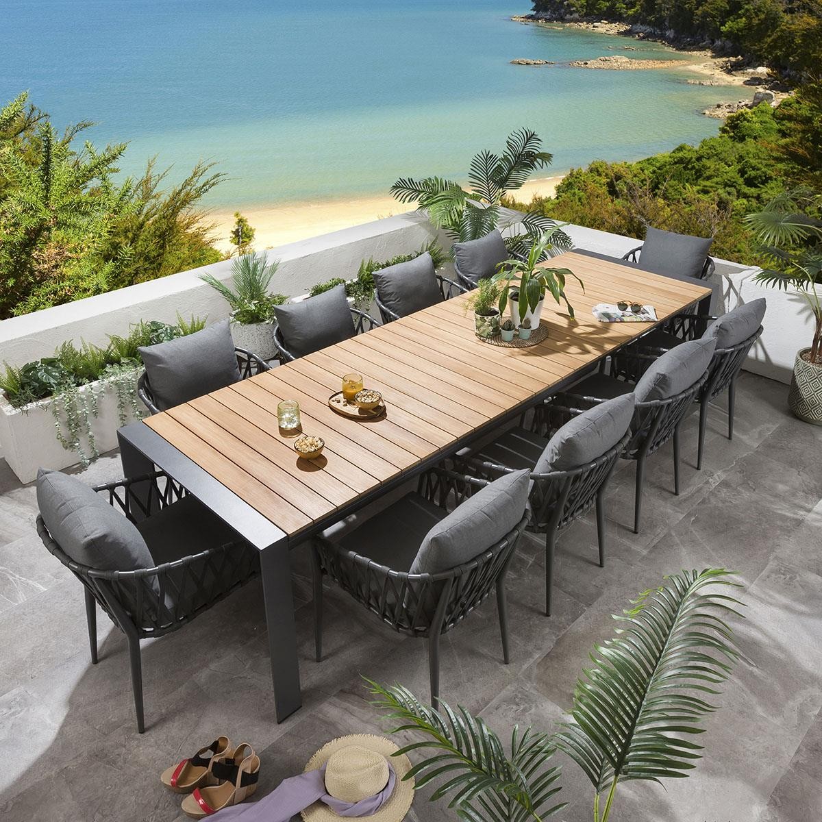 Teak Dining Room Gray Wood Outdoor Dining Set 10-Seater Extendable