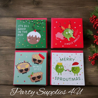 8 Stück süße Weihnachtskarten mit roten Umschlägen/Sprossen/Mince Pies/Pudding/Geschenke/Freunde