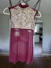 Burgundy Sequin Mesh Lace High Neck Dance Costume Dress w/ Shorts Size CLA
