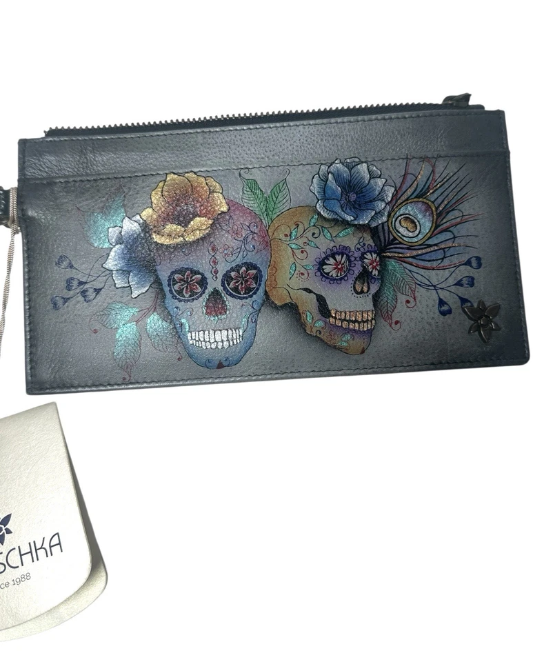 Cartera Muñequera de Cuero Pintada a Mano Anuschka Calaveras Calaveras ¡NUEVA CON ETIQUETAS! Foto 2 de 4