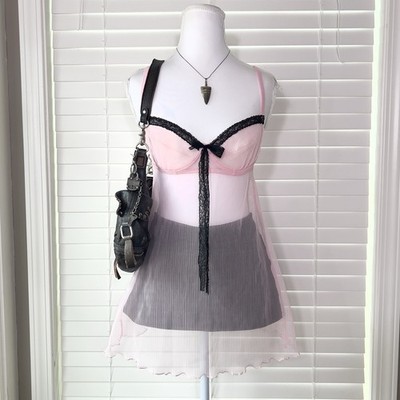 Tezenis Pink & Black Full Slip w/ Lace Trim Bow Adjustable Straps Size S