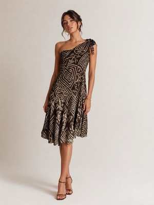 Ralph Lauren One Shoulder Aztec Print Silk Brown Dress Sz 2 NWT | eBay