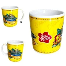 Hilo Hattie Coffee Mugs Yellow White Ceramic Volcano Tropical Travel COLORFUL