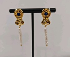 Gold Tone Statement Earrings with Baroque Pearl Drop & Blue Stone