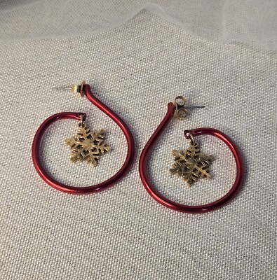 Vintage Snowflake Earrings Red Metal Swirls Gold-Tone Snowflakes Winter Jewelry 