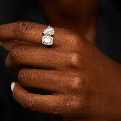 Two Stone Toi Et Moi Sterling Silver Moissanite Pear & Emerald Cut Women's Ring - Picture 3 of 5