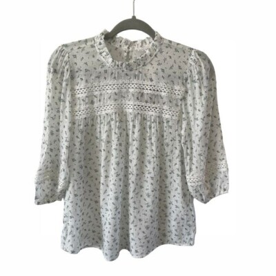NWT Blu Pepper Ditsy White Floral Balloon Sleeve Top Small CottageCore ruffle