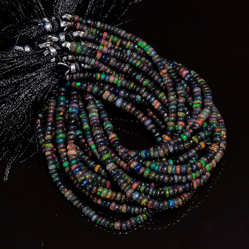 Cuentas lisas de piedras preciosas de ópalo etíope negro forma redondeada 4X4X2 mm hilo 8" EB701 Foto 2 de 4