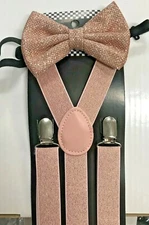 Adult Pink Rose Gold Copper Glitter Suspenders + Bowtie Set Wedding Prom bow tie
