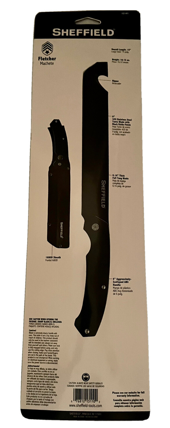 Sheffield Fletcher Tanto Knife Machete 9" Tactical Blade 15" Length W/ Sheath