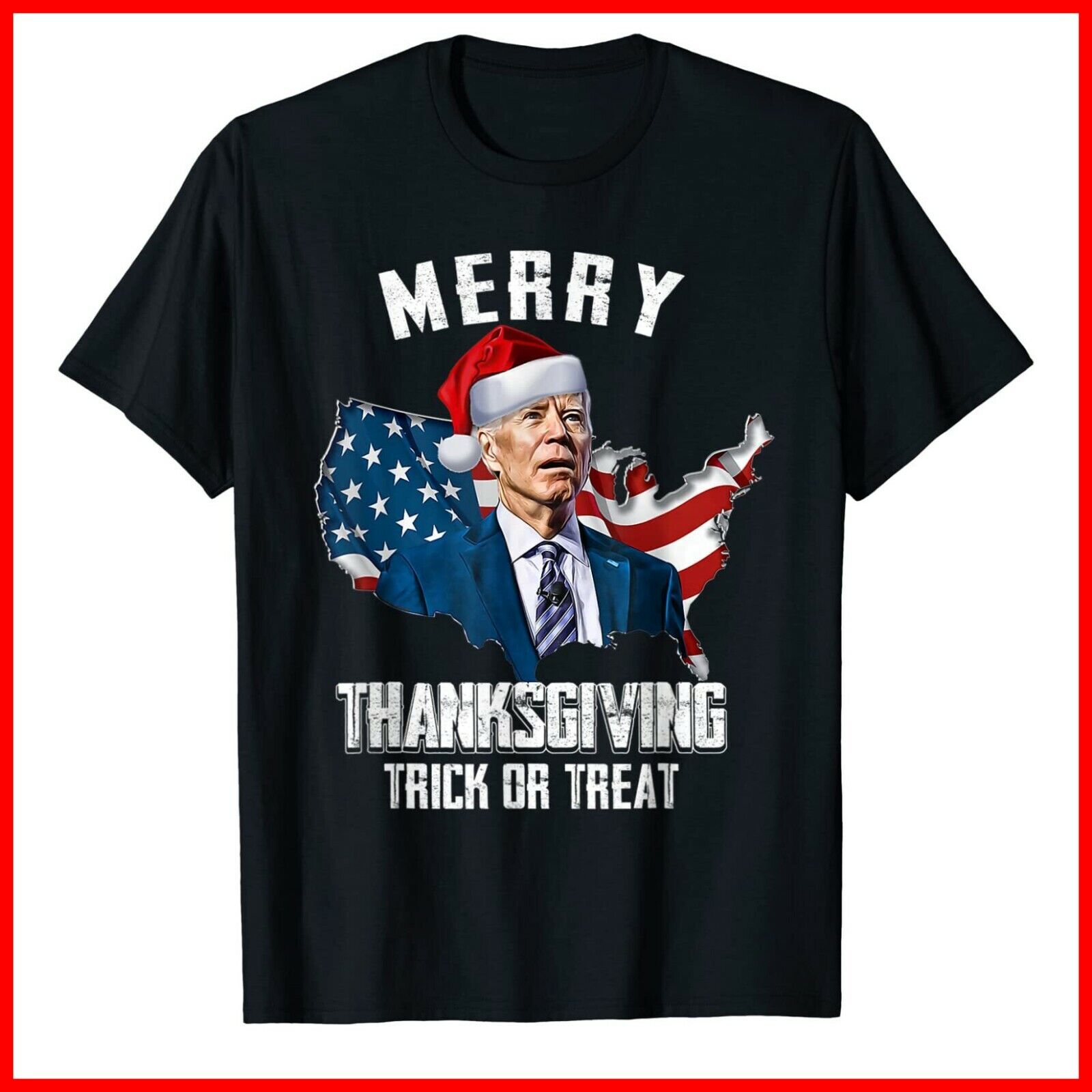 Funny Joe Biden Merry Thanksgiving USA Flag Anti Biden Black T-Shirt S-3XL