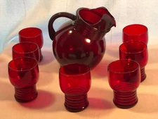 Royal Ruby Tilted Pitcher And Seven Glasses Depression Glass