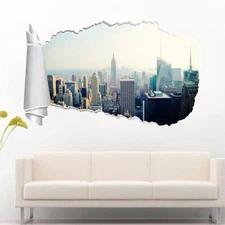 New York Skyline Manhattan Car 3D Torn Hole Ripped Wall Sticker Decal Art WT63