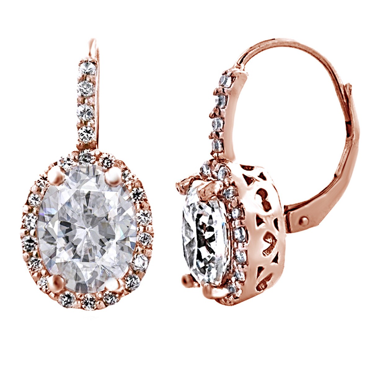 Cubic Zirconia Oval Halo Leverback Earrings 14k Rose Gold Plated