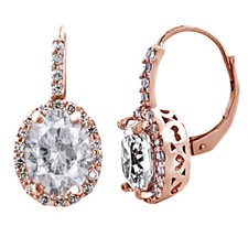 Cubic Zirconia Oval Halo Leverback Earrings 14k Rose Gold Plated Sterling Silver