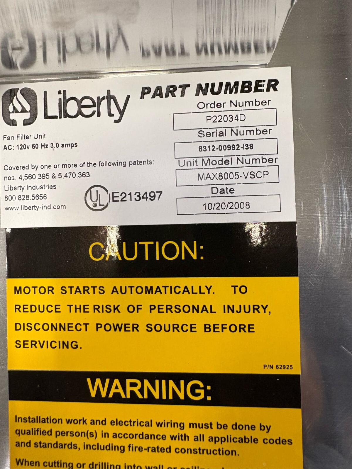 Fan Filter Unit Liberty Model MAX8005-VSCP AC:120v 60Hz 3.0 amps