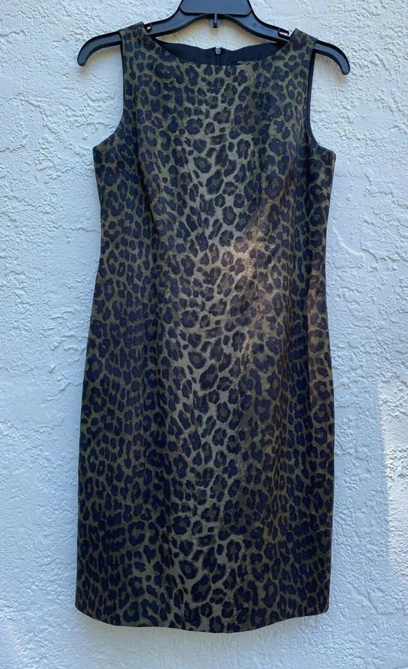 NWT Ann Taylor Animal Print Cheetah Dress Dark Green, Black SZ 4P