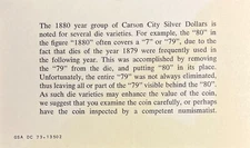 1880 Carson City GSA COA Certificate - 80 over 79 Variety Notification