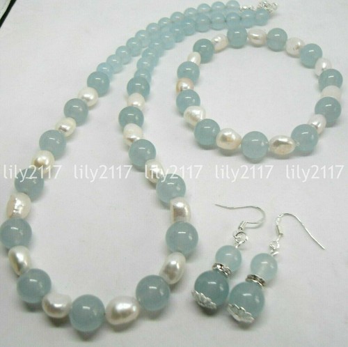 Natural White Freshwater Baroque Pearl Aquamarine Necklace Bracelet Earring Set - Picture 4 of 7