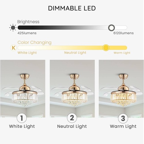 Versatile Indoor Crystal Ceiling Fan Light - Adjustable Brightness & Color Temp - Picture 4 of 10