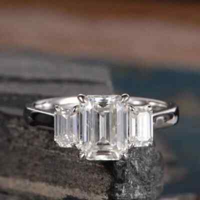 10x8mm Emerald Cut Three Stone Moissanite Engagement Ring 14K White Gold Plated