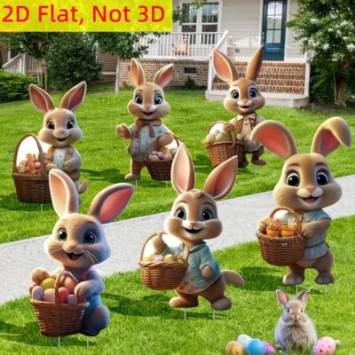 6 PCS of Easter 2D Flat Plastic Rabbit Garden Stake Yard Sign Garden Decoration