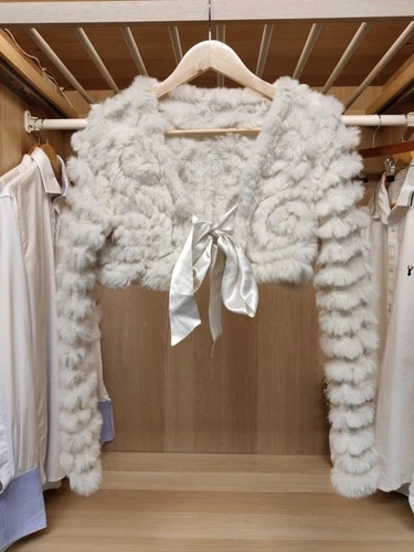 VINTAGE SHRUG BOLERO COATIGAN SMALL 100% RABBIT FUR TIE FRONT WHITE WOMENS