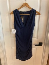 Oten - Deep V-Neck Side Ruched Sleeveless Dress - Navy Blue - Ladies Size Small