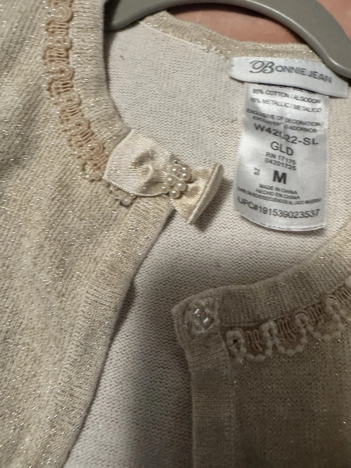 Cárdigan Suéter Bonnie Jean Niñas Dorado Metálico Talla M Elegante Encogerse de hombros Foto 2 de 4