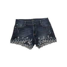 Jordache Girls Denim Jean Shorts Size 14 Blue Distressed Floral Lace Hem Cutoff