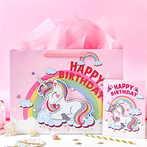 16" Extra Large Birthday Gift Bag with Card and Tissue Paper - Unicorn - 1 Pcs - Photo 5/7