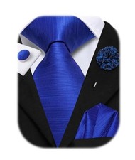 Men Silk Ties Set with Flower Lapel Pin Necktie Pocket Square Royal Blue